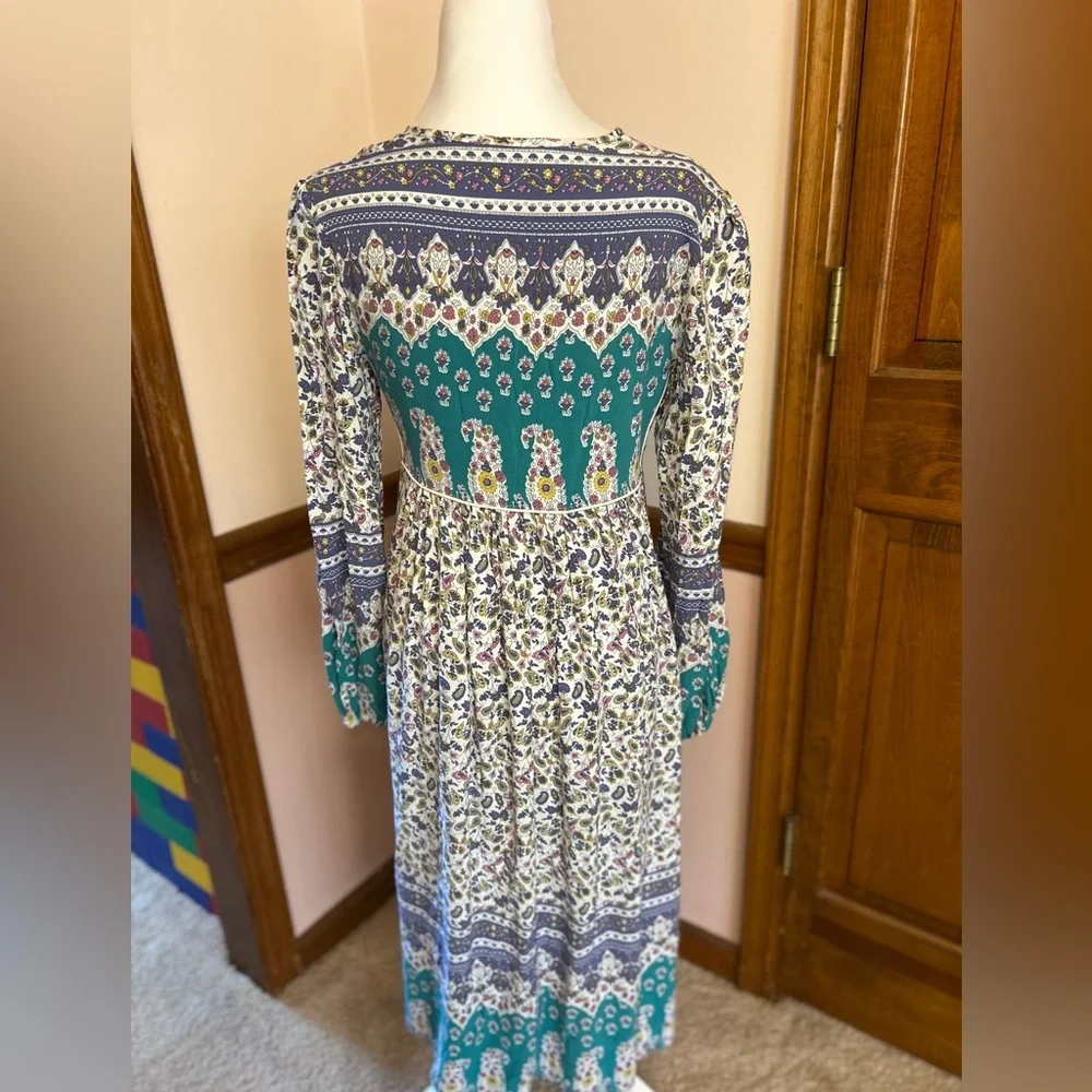 R.Vivimos | Boho Long Sleeve Floral Print Retro V Neck Tassel Midi Dress small - Picture 7 of 9